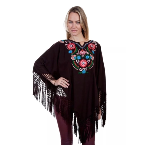 Scully Tops - Scully Embroidered Fringed Poncho Chocolate Brown
